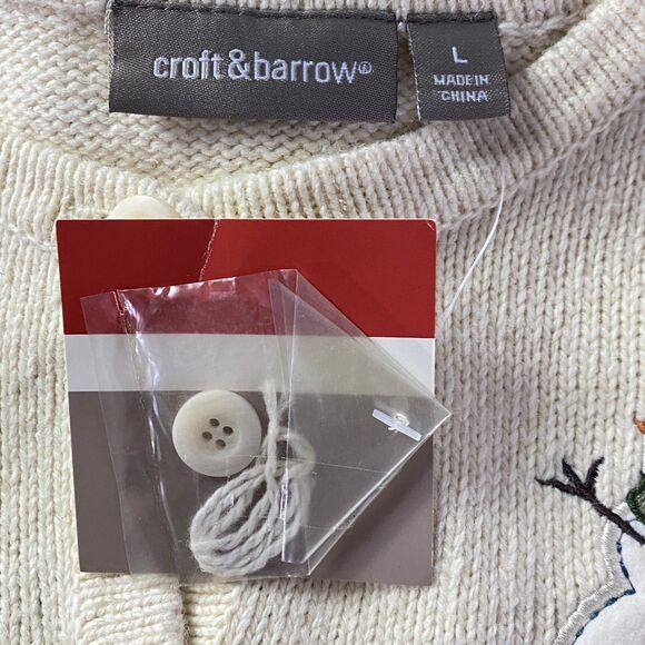 New Croft & Barrow Patchwork Snowman Embroidered Cardigan Sweater Size Large - Picture 3 of 7